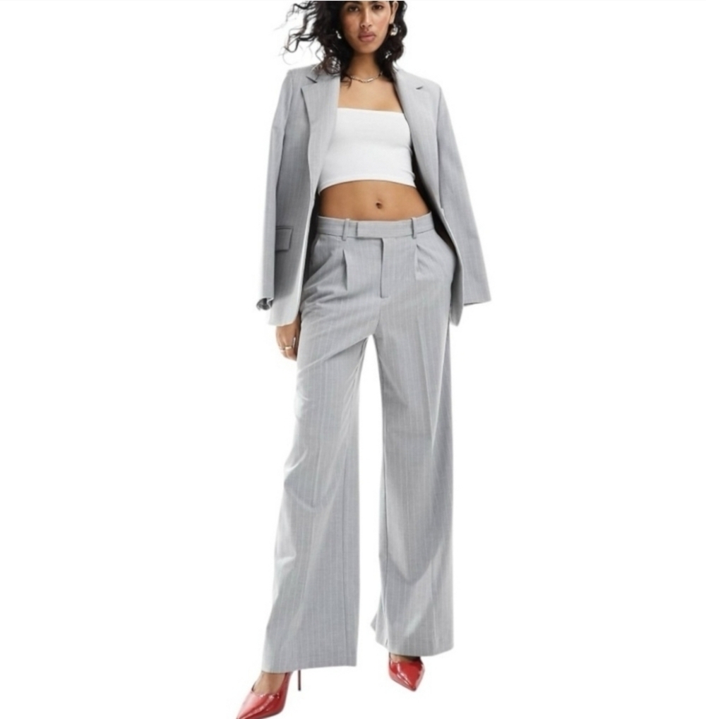 Mango Light Gray Pinstripe Wide-Leg Trousers - Picture 2 of 14